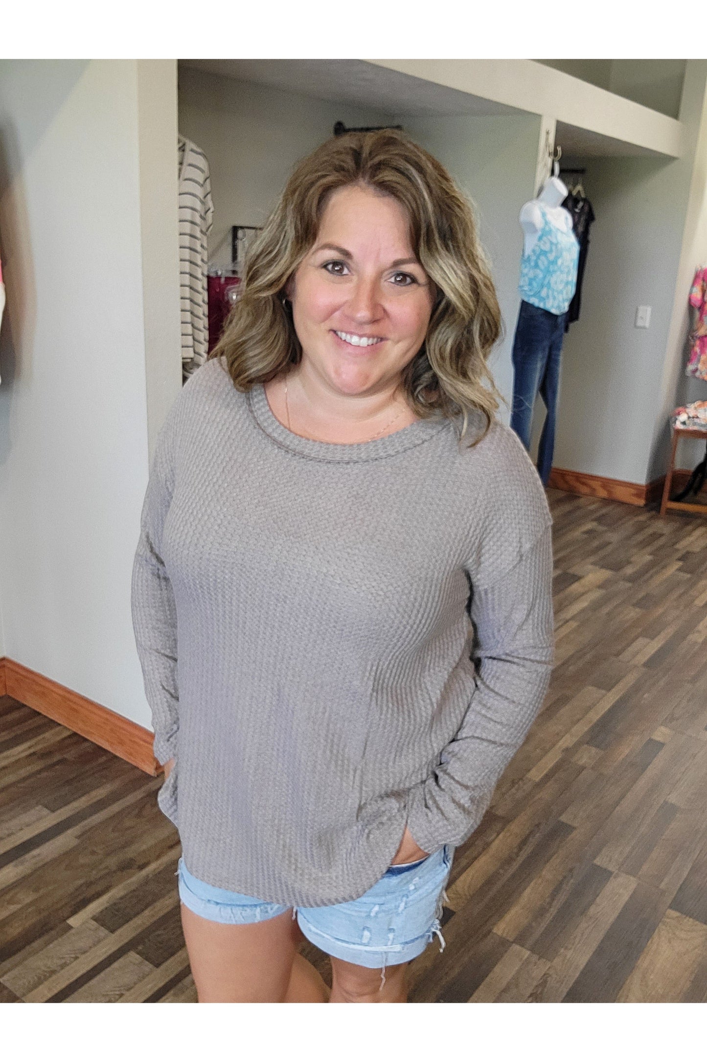 Bree Waffle Knit Drop Shoulder Long Sleeved Top