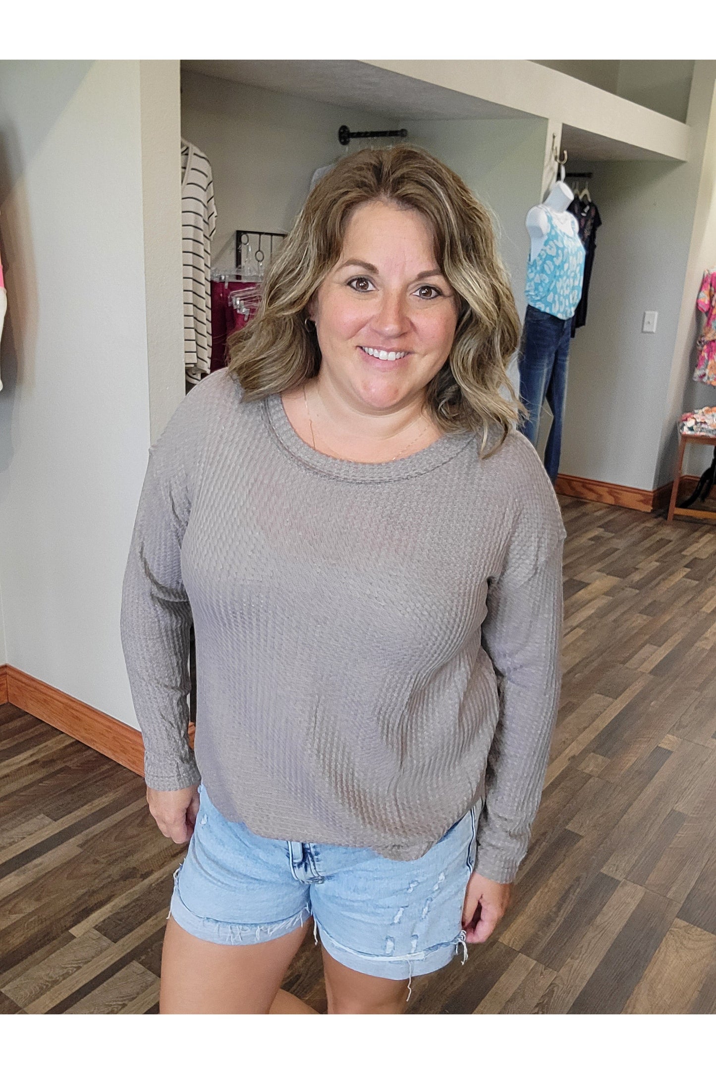 Bree Waffle Knit Drop Shoulder Long Sleeved Top