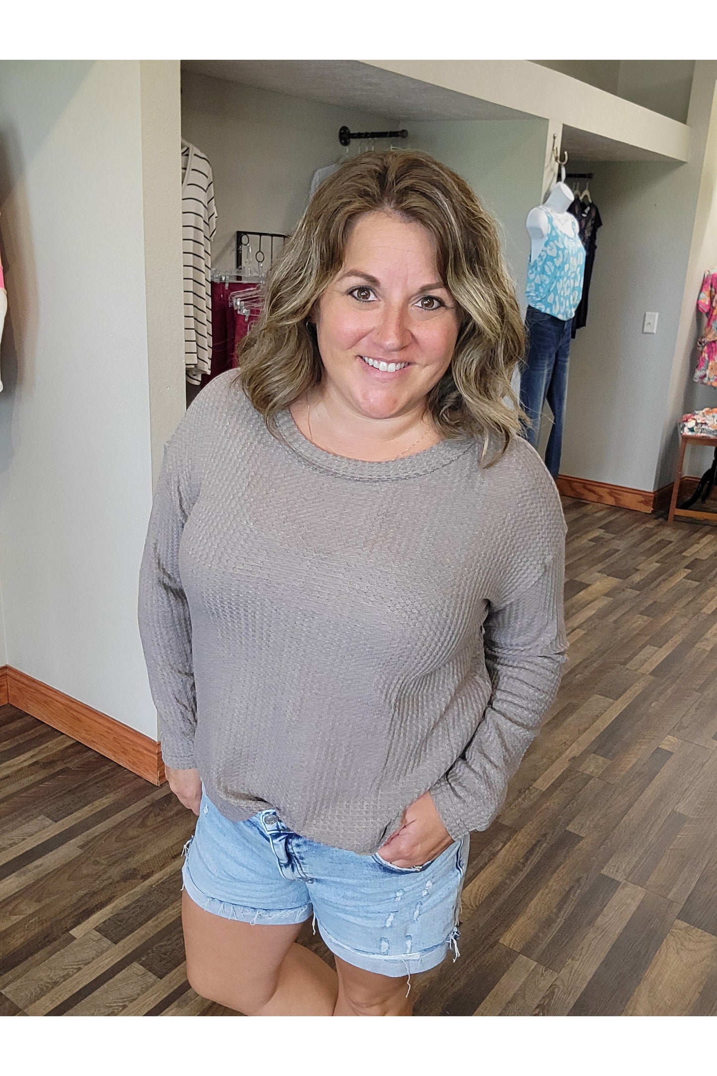 Bree Waffle Knit Drop Shoulder Long Sleeved Top