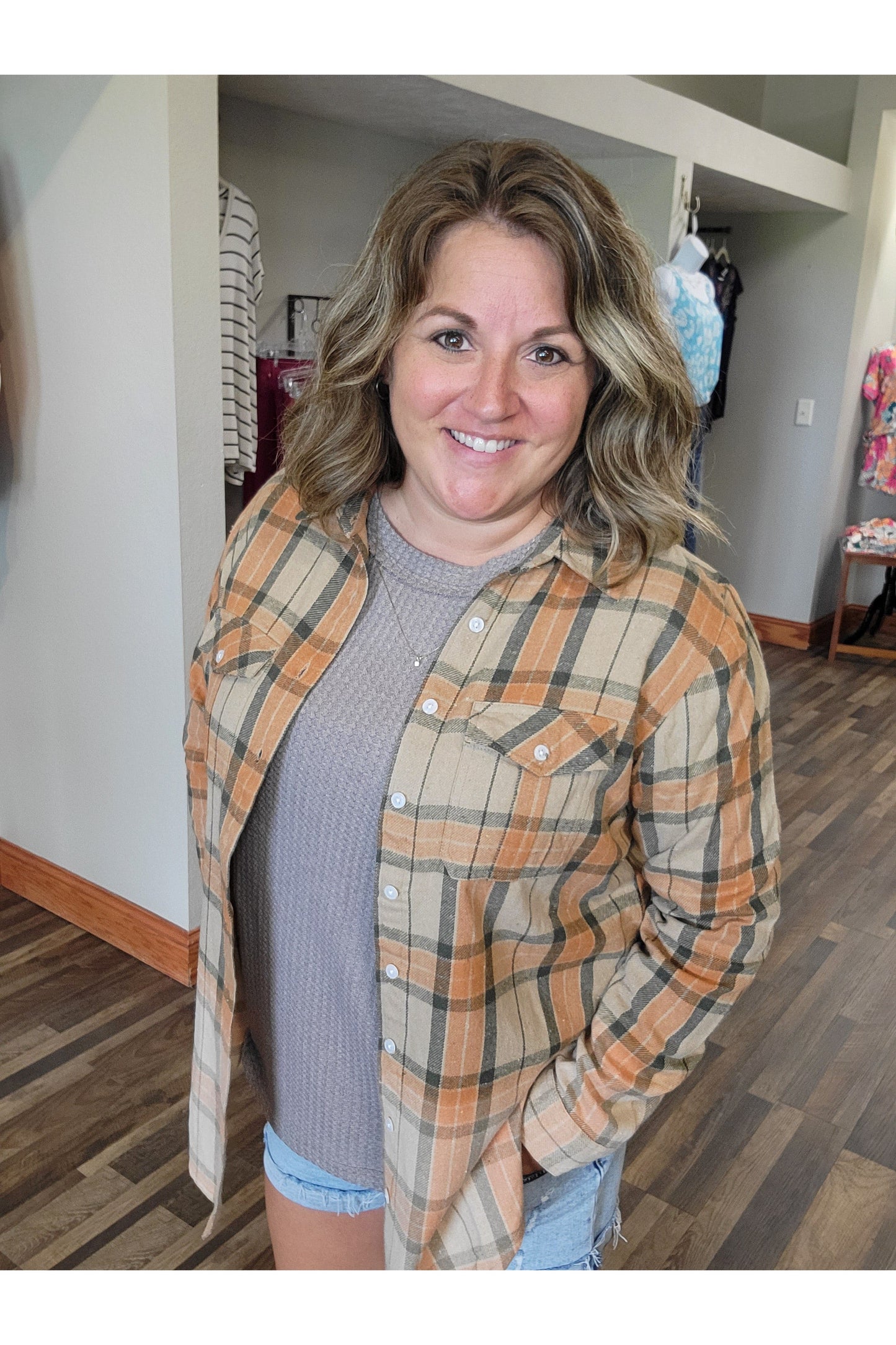 Tan, Orange & Olive Plaid Flannel