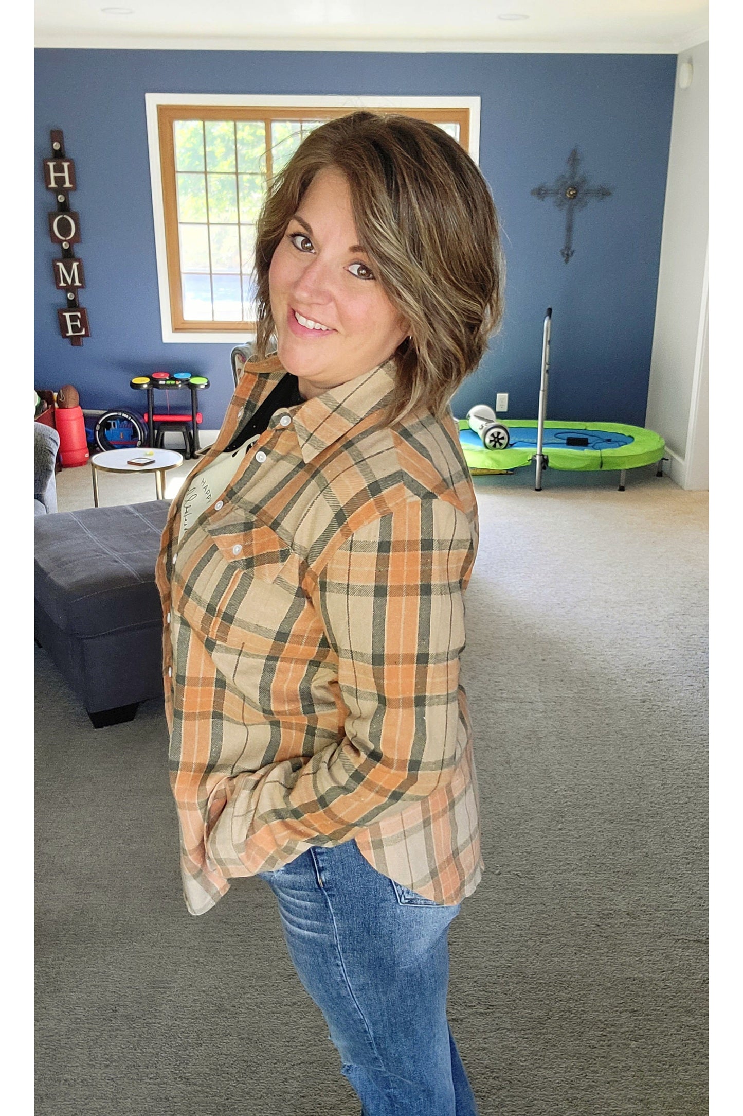 Tan, Orange & Olive Plaid Flannel