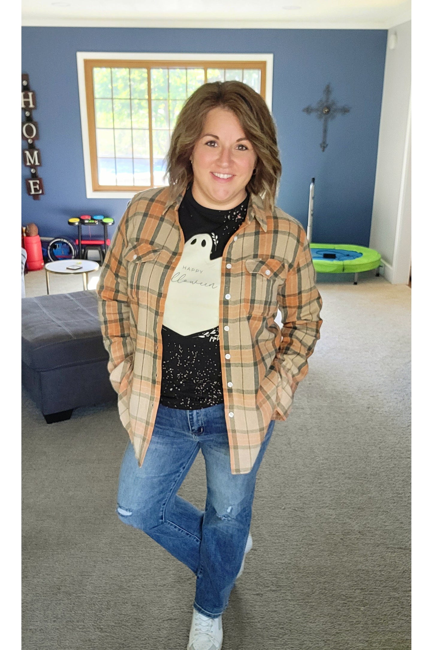 Tan, Orange & Olive Plaid Flannel