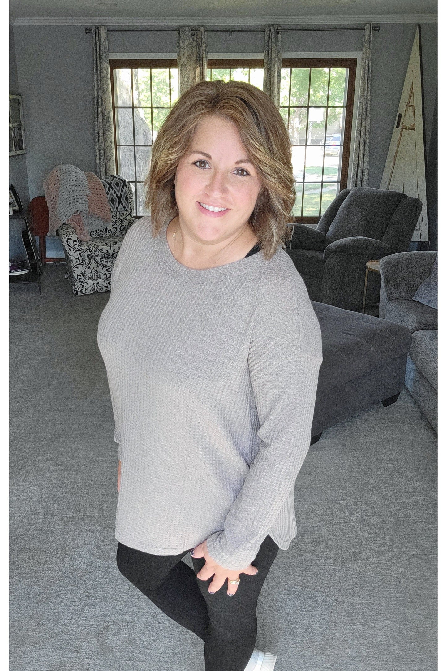 Bree Waffle Knit Drop Shoulder Long Sleeved Top