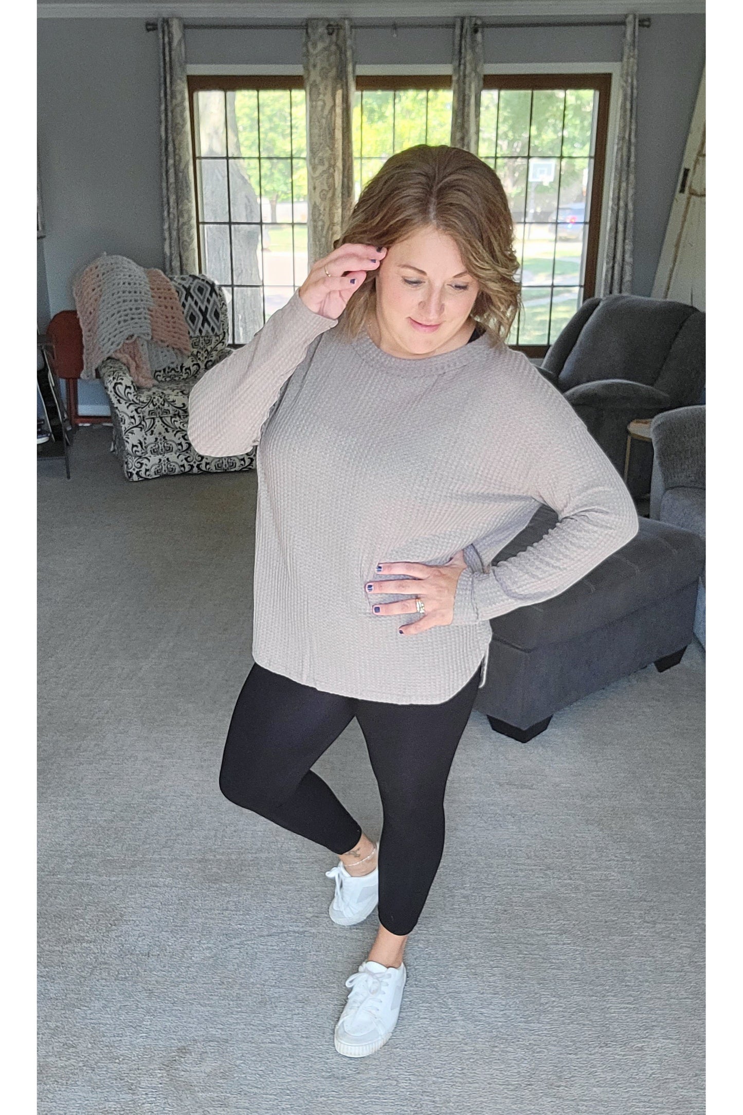 Bree Waffle Knit Drop Shoulder Long Sleeved Top