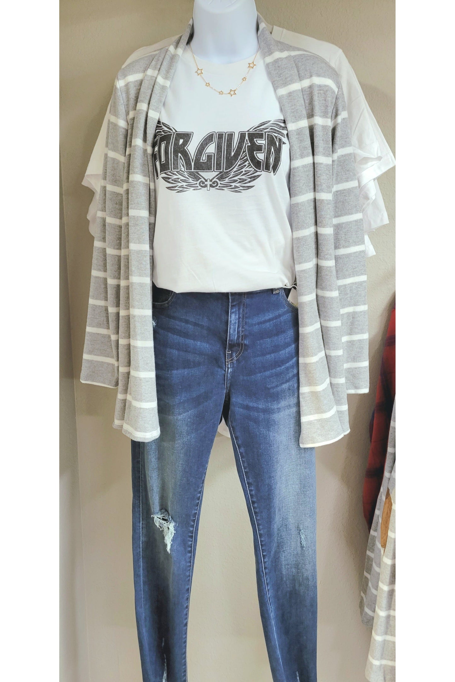 Striped White & Grey Cardigan