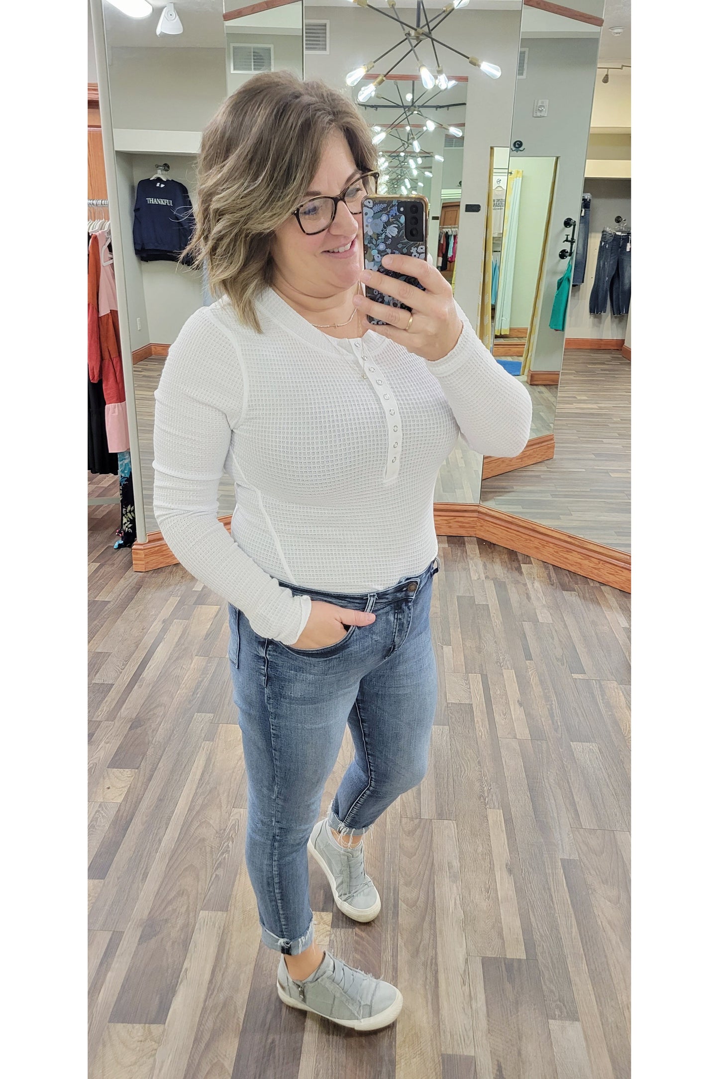 White Waffle Snap Down Long Sleeve Shirt