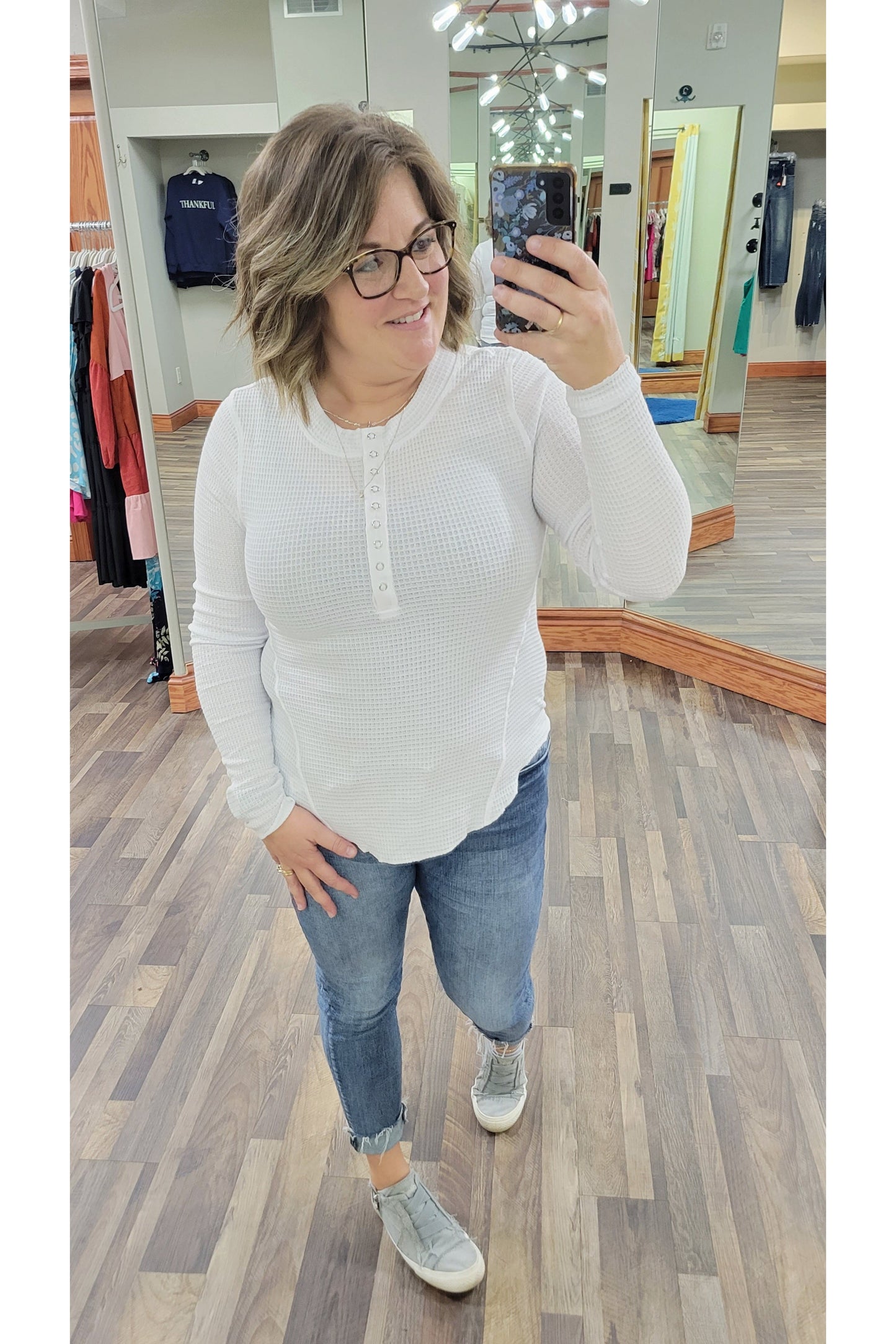 White Waffle Snap Down Long Sleeve Shirt