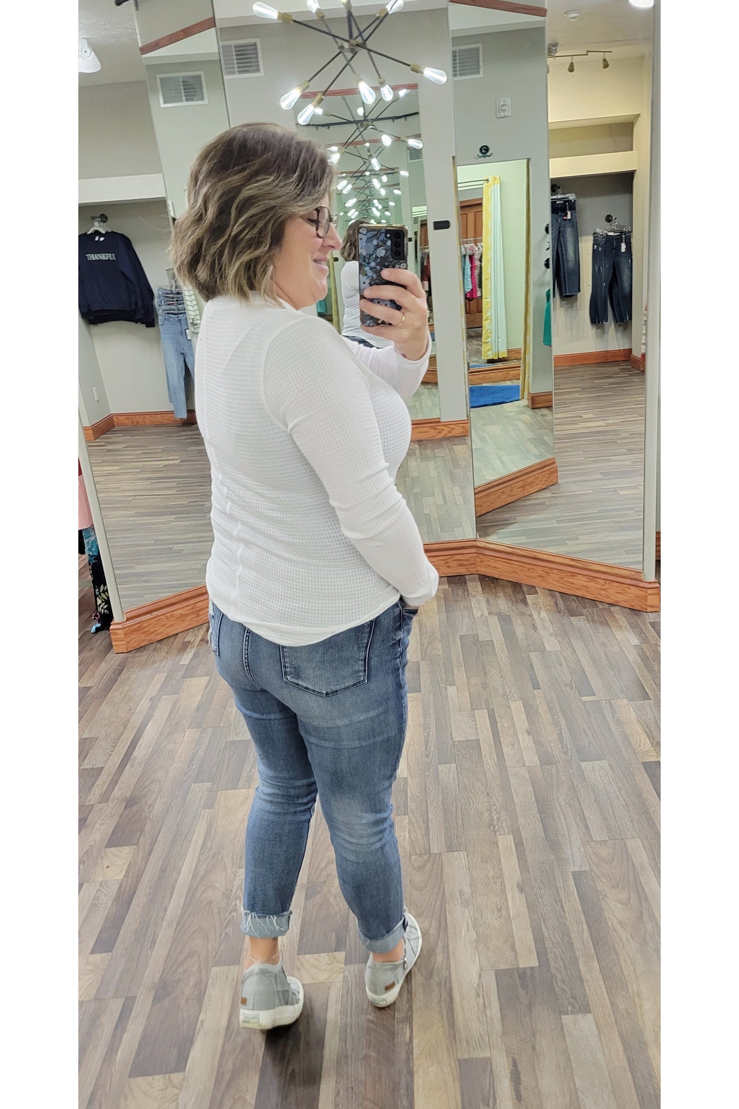White Waffle Snap Down Long Sleeve Shirt