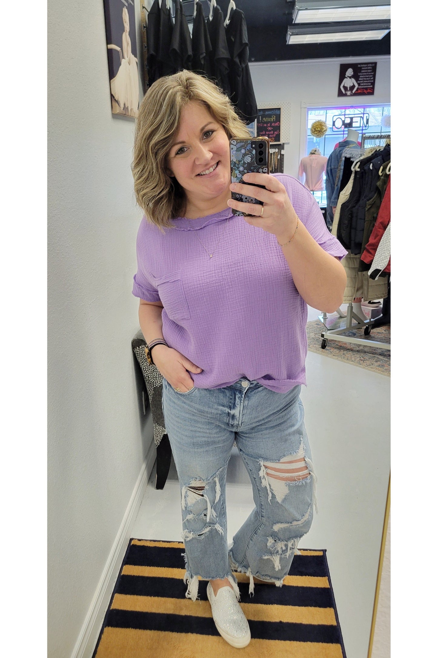 Lavender Breeze Raw Edge Shirt-Short Sleeve-42POPS-Small-Revive Boutique