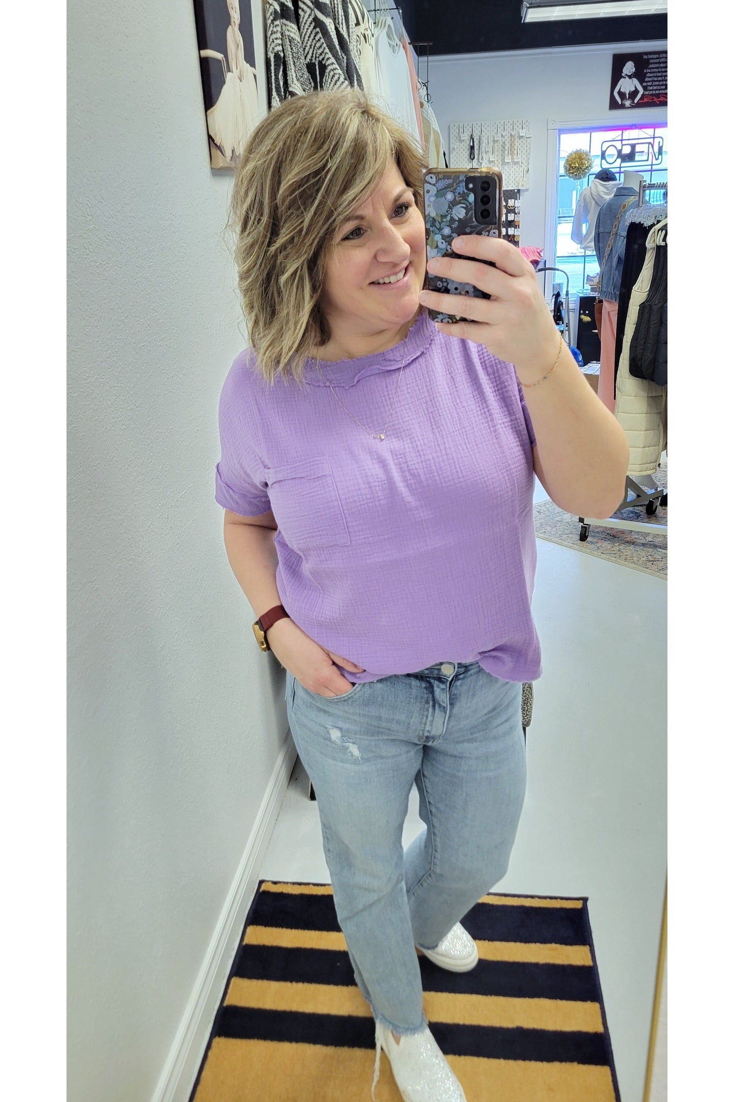 Lavender Breeze Raw Edge Shirt-Short Sleeve-42POPS-Small-Revive Boutique