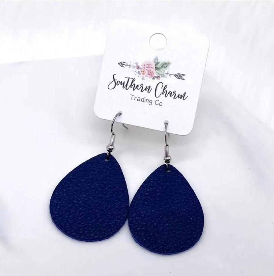 Navy Teardrop Leather Earring