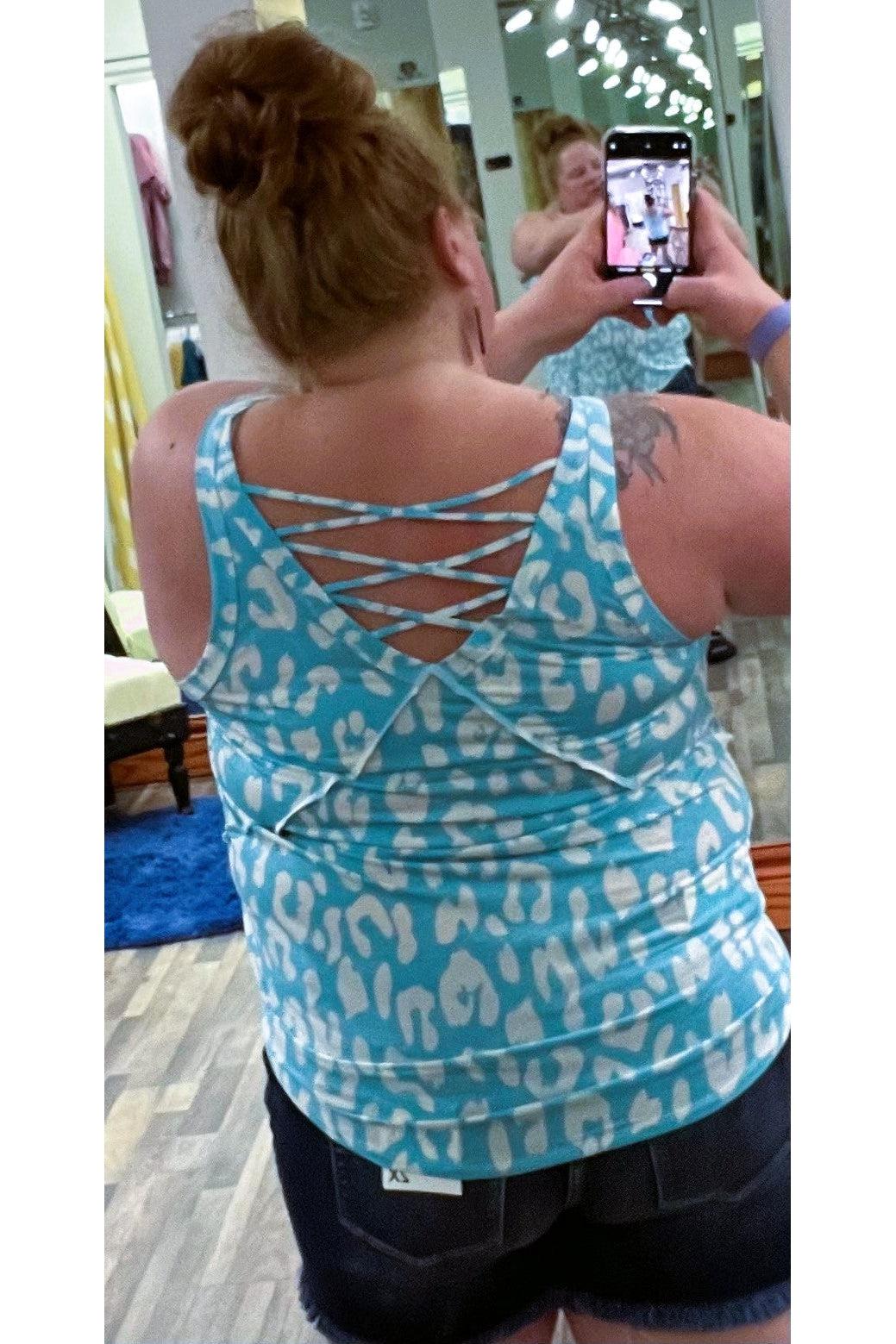 Aqua Leopard Tank Top with Criss Cross Back-Sleeveless-Sew In Love-Small-Revive Boutique