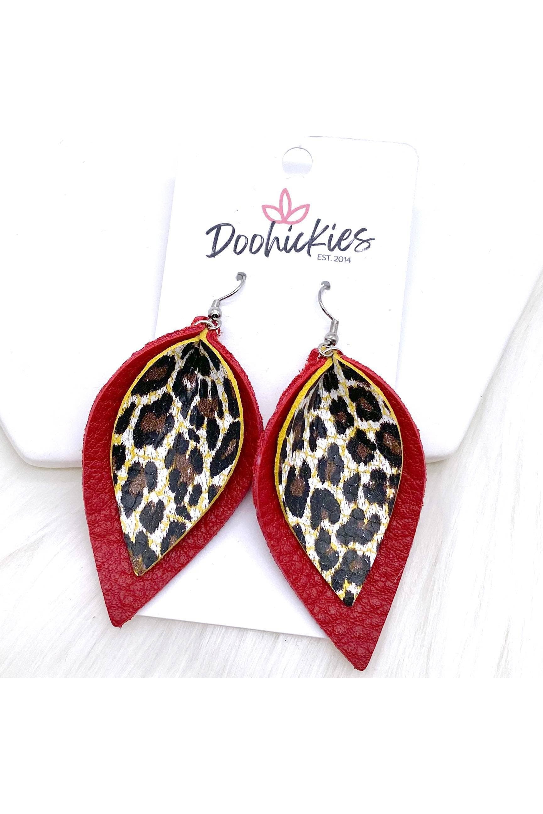 Chocolate Leopard and Deep Red Layered Petals Earrings 2.5"-Jewelry-Doohickies-Revive Boutique