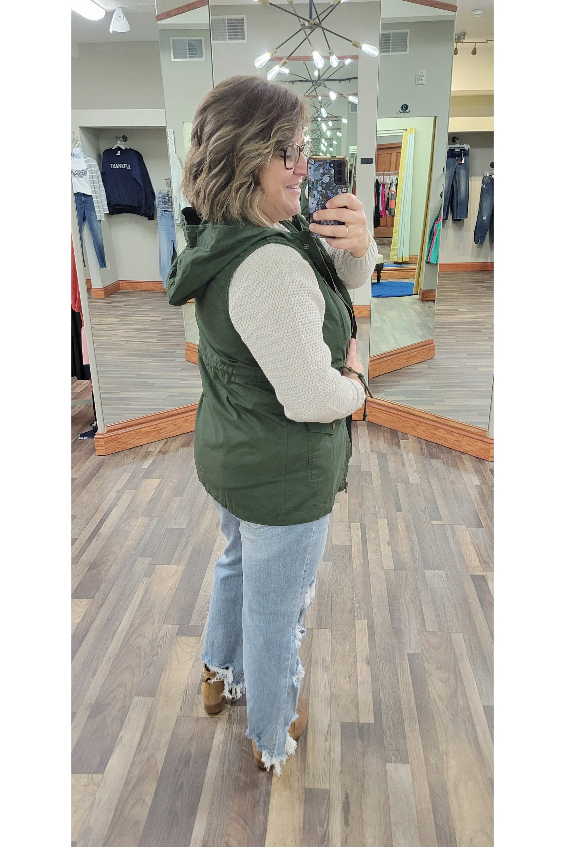 Drawstring Waist Hooded Vest in Army Green-Layers-Zenana-Small-Revive Boutique