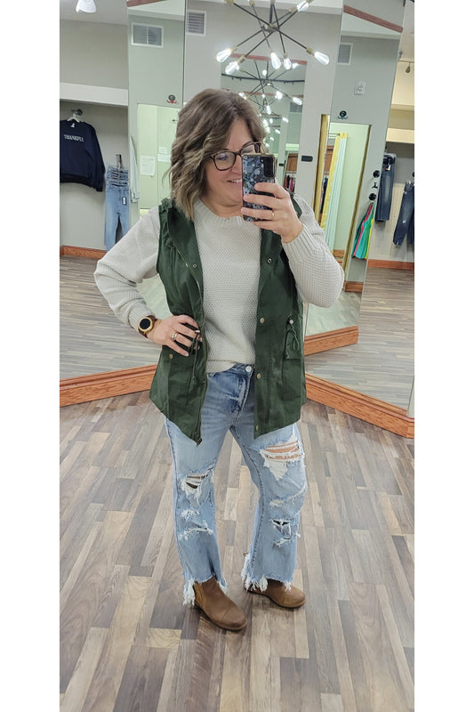Drawstring Waist Hooded Vest in Army Green-Layers-Zenana-Small-Revive Boutique