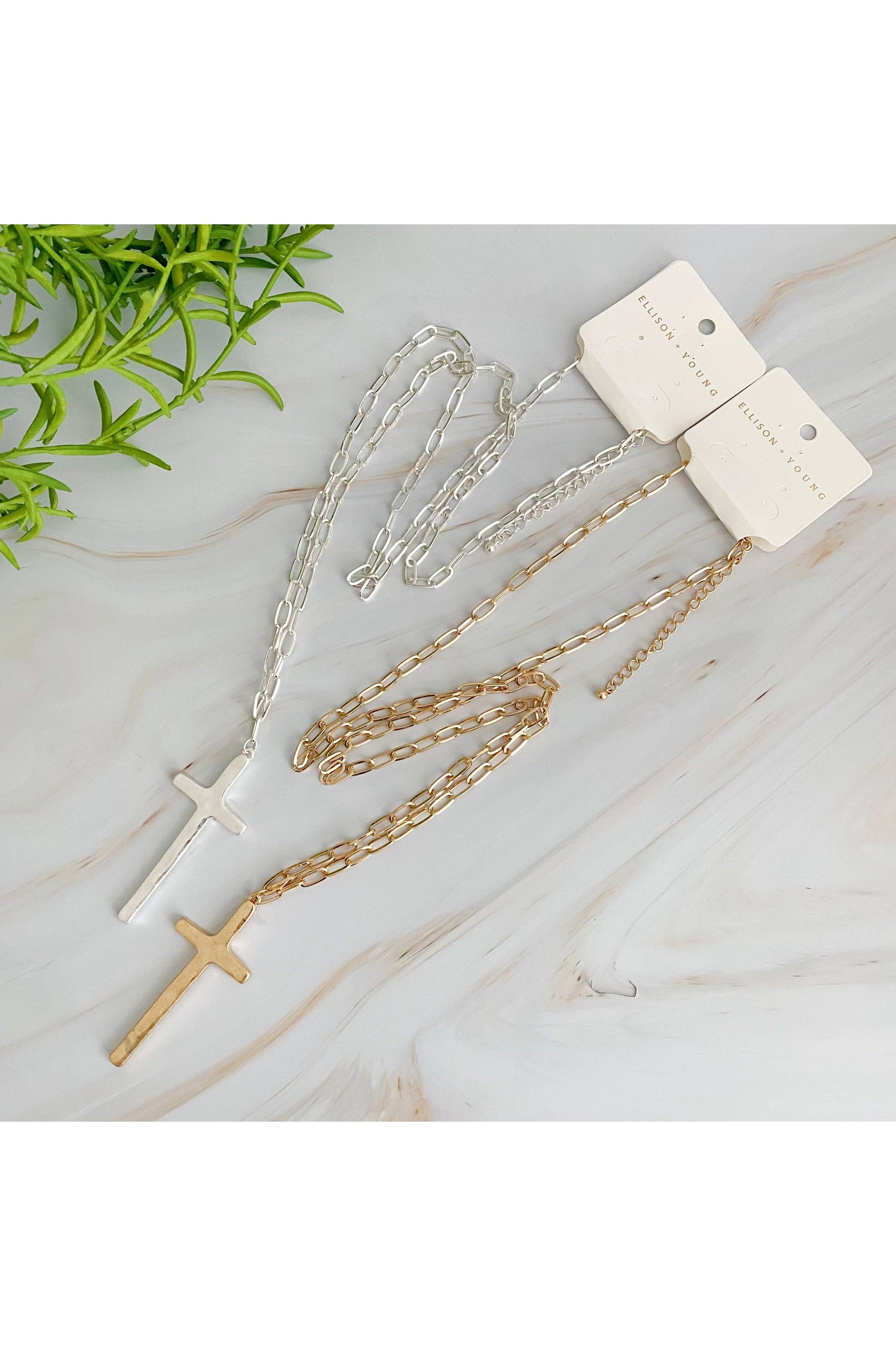 Gold Hammered Cross Long Chain Necklace-Jewelry-Ellison+Young-Revive Boutique