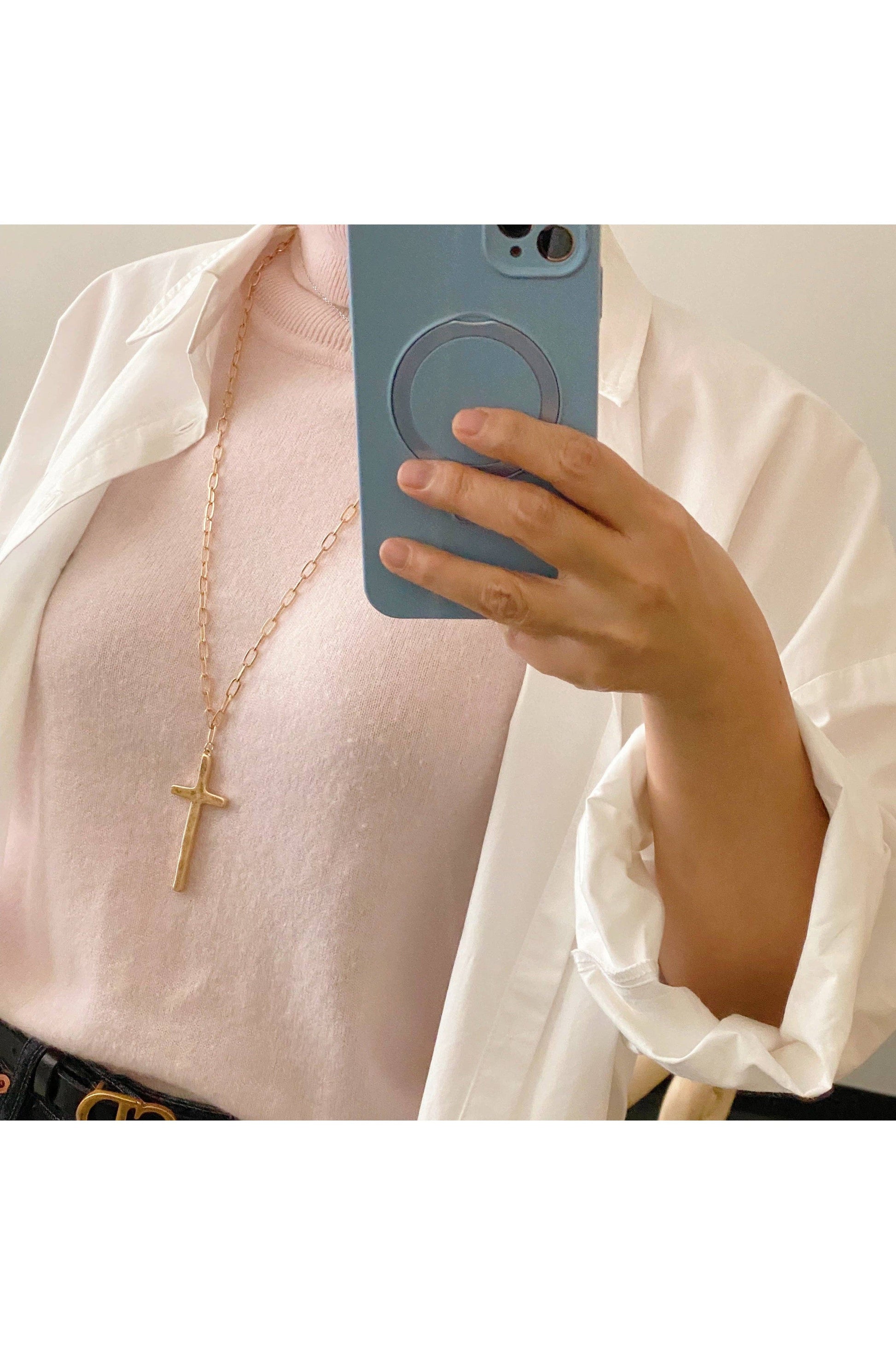 Gold Hammered Cross Long Chain Necklace-Jewelry-Ellison+Young-Revive Boutique