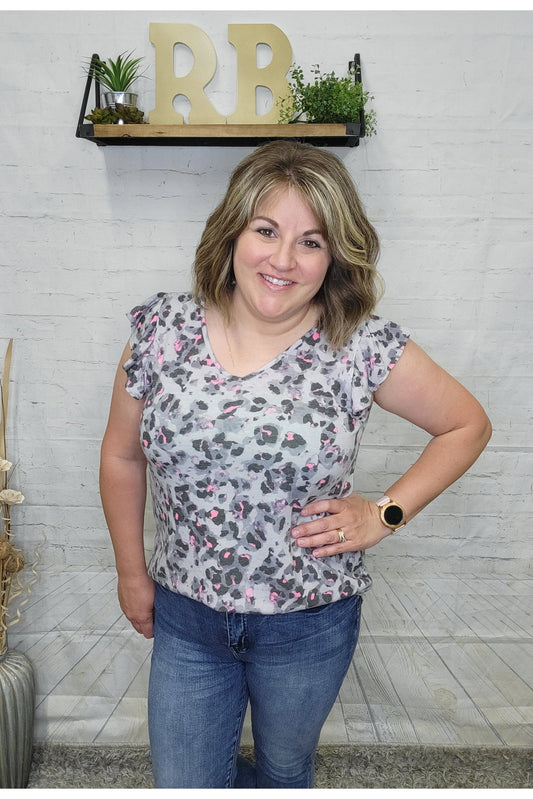 Grey Leopard Ruffle Sleeve Top-Sleeveless-Revive Boutique & Floral-Small-Revive Boutique