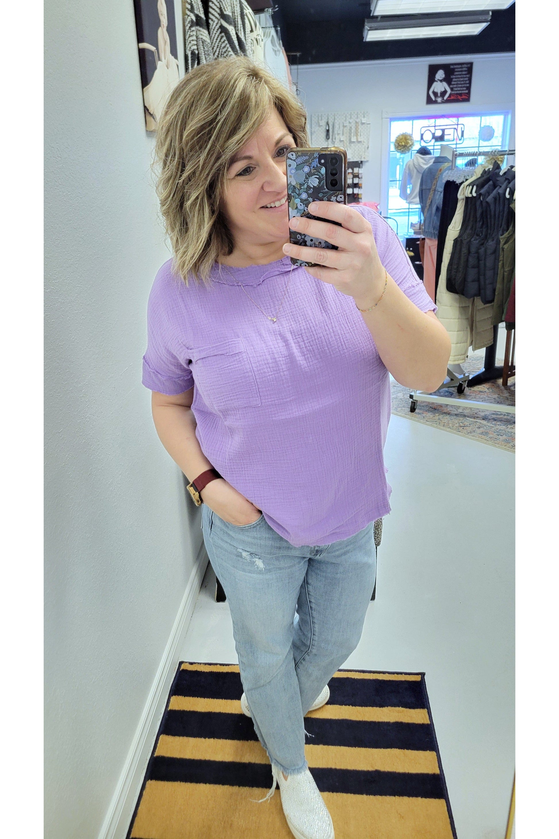 Lavender Breeze Raw Edge Shirt-Short Sleeve-42POPS-Small-Revive Boutique