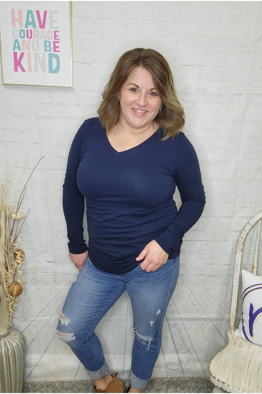 Navy Cotton V-Neck Long Sleeve Tee-Long Sleeve-Zenana-Small-Navy-Revive Boutique