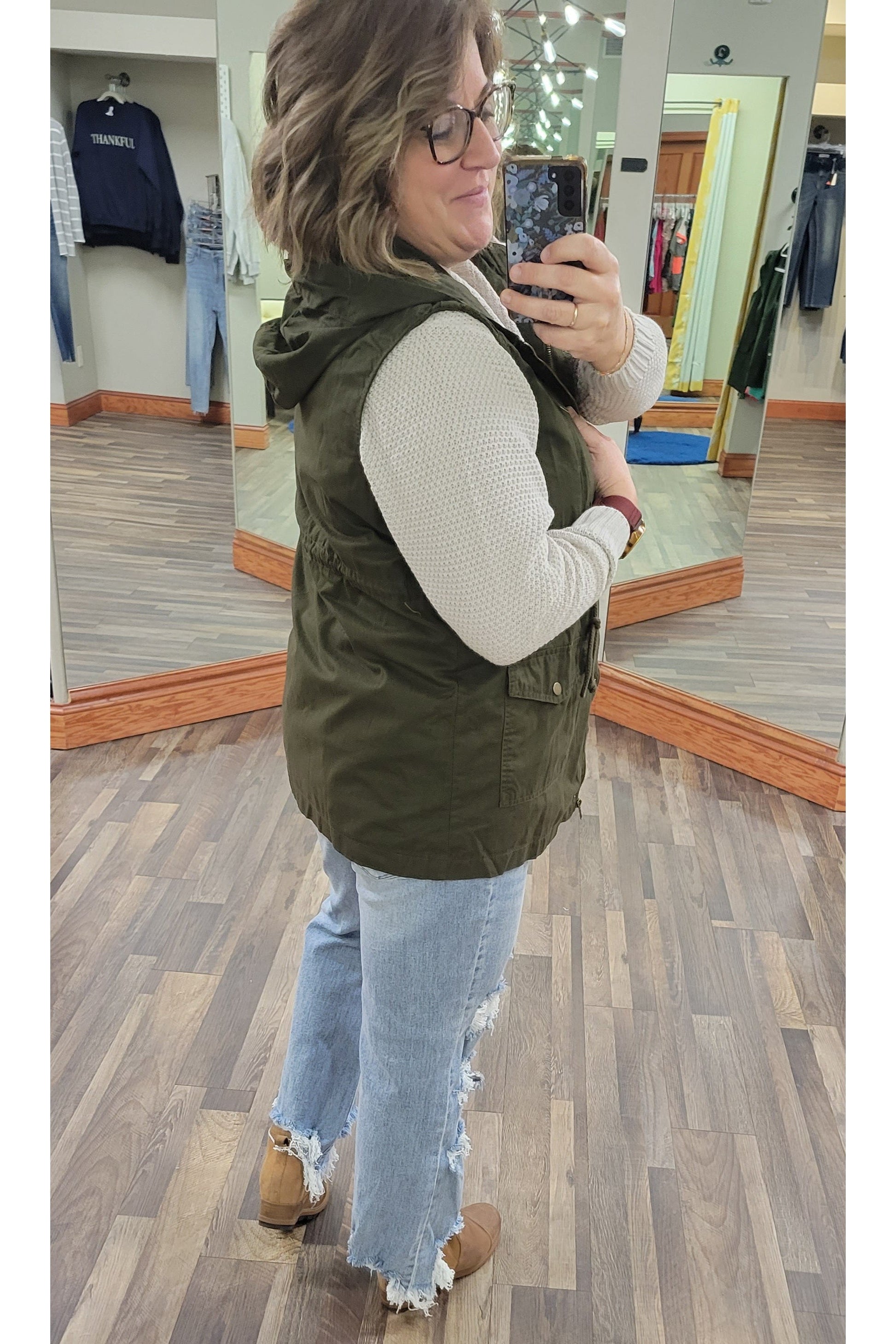 Plus Drawstring Waist Hooded Vest in Dark Olive-Layers-Zenana-1X-Revive Boutique