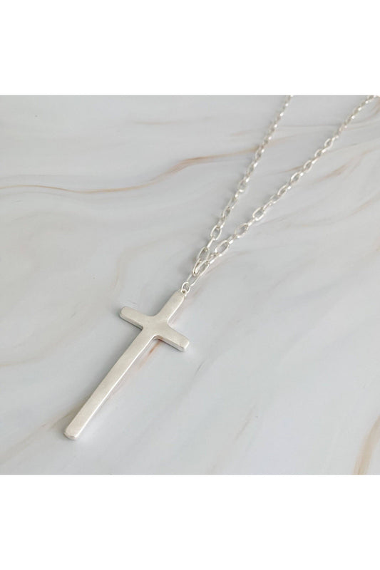 Silver Hammered Cross Long Chain Necklace-Jewelry-Ellison+Young-Revive Boutique