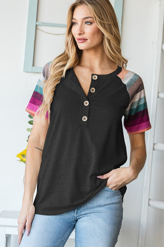 Solid and Strip Top with Buttons