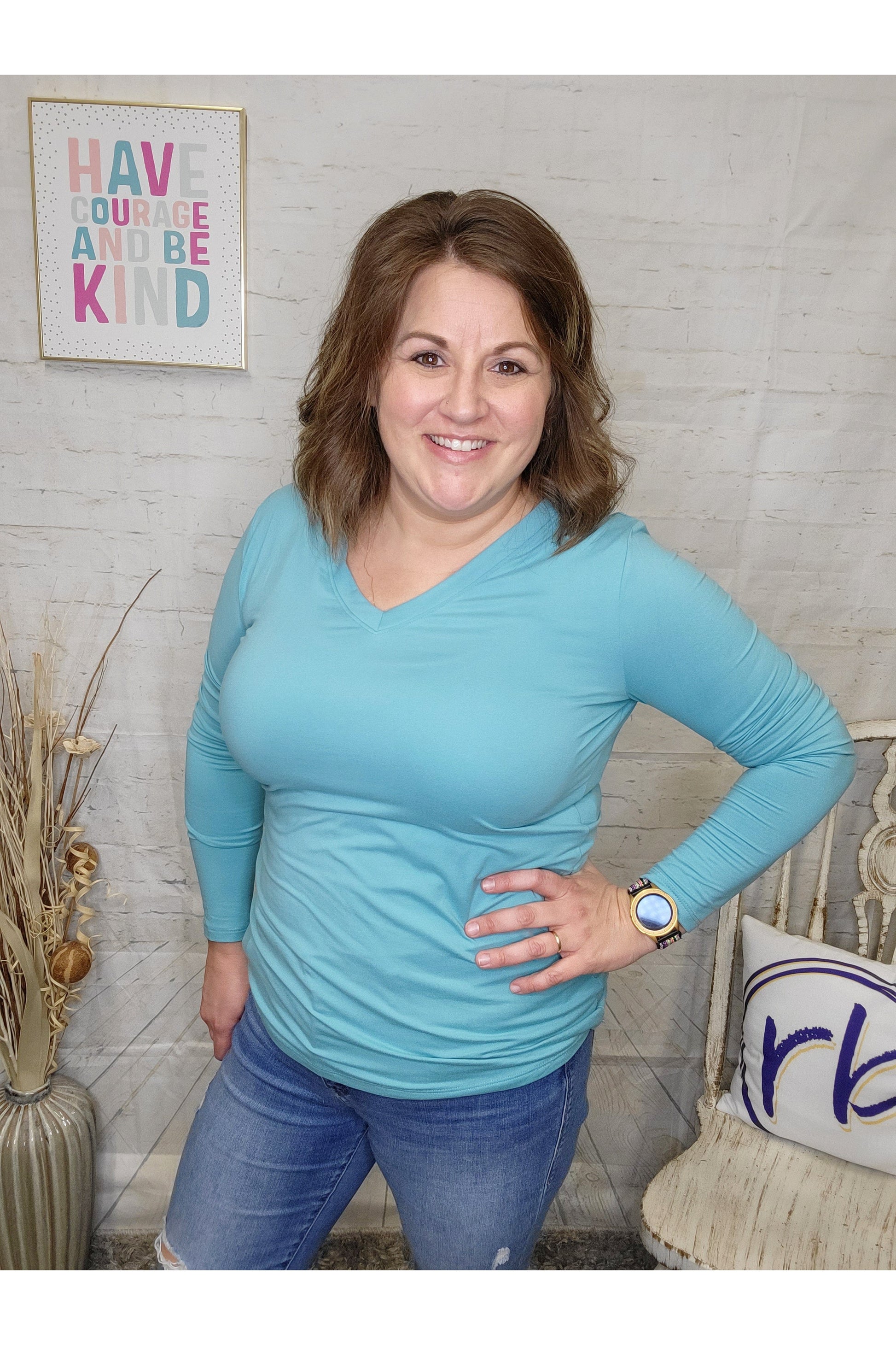 Curvy Aqua Brushed Microfiber Long Sleeve V-Neck